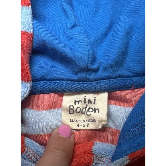 Mini Boden Striped Terry Cloth Hoodie Swim Coverup  Blue Red 4-5Y - Picture 3 of 5